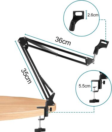 Кріплення для мікрофона на кронштейні, регульоване, чорне, з амортизатором, поп-фільтром, 5 кабельних стяжок. Підходить для запису, подкастів, телевізійних студій