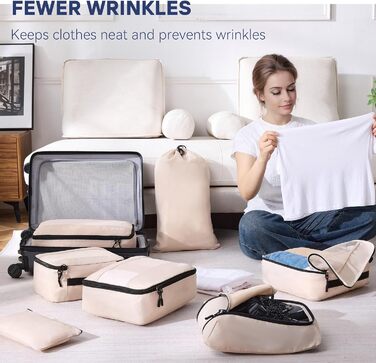 Органайзер для валізи MURISE, 8 шт. - Packing Cubes для подорожей, набір для організації речей у валізі, з мішечком для взуття та косметички, бежевий колір