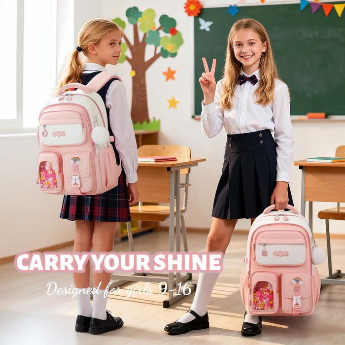 Шкільний рюкзак для дівчаток-підлітків, рожевий, з помпоном, тролей-петлею та світловідбивачами. Великий рюкзак для школи та подорожей, 3-7 клас, водонепроникний