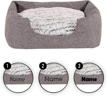 Lionto Dog Cuddle Bed with Fluffy Reversible Cushion, Cozy Pet Bed in a Marbled Design with Deep Entry for Dogs & Cats of All Sizes, 80x60 cm, Soft Dog Bed, (Grey, L 60 x W 50 x H 22 cm (with name imprint))