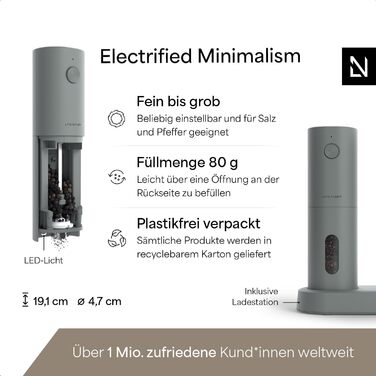 Електричні млини для солі та перцю LARS NYSØM 2 шт. з регульованою керамічною жорном (від грубого до дрібного помелу) - Чорний онікс та Сірий попіл