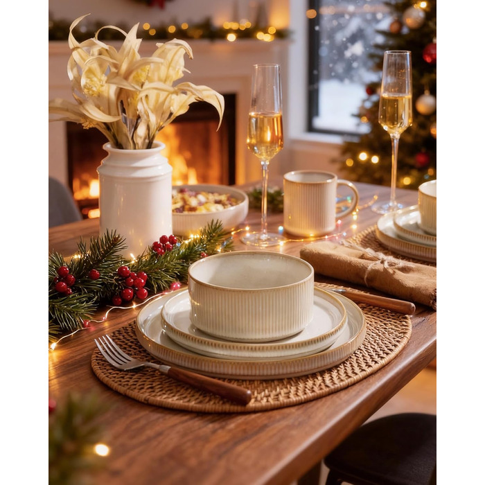 Набір тарілок Star 12 шт., посуд для 4 осіб, сервіз зі штучного каменю, стійкий до подряпин, для мікрохвильової печі та посудомийної машини, Cappuccino White