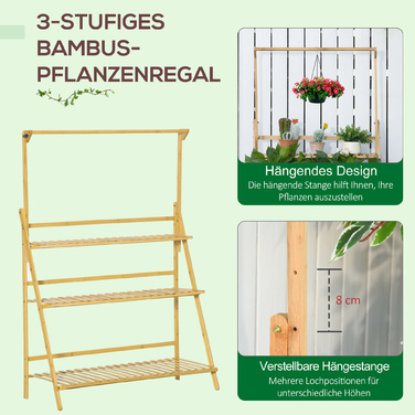 Outsunny Wooden Flower Ladder Shelf - Adjustable Height Plant Stand, Hanging Bamboo Natural Indoor/Outdoor Decor, 100 x 40 x 143 cm
