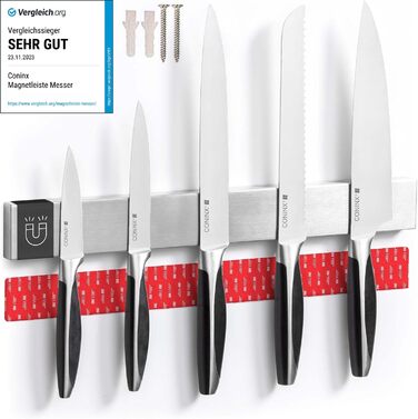 Coninx Magnetic Knife Strip 40cm with High Load Capacity | Magnetic Stainless Steel Knife Holder for Kitchen Knives | 1400 Gauss Magnet | Easy to Mount without Drilling | Beautifully Crafted with Rounded Corners