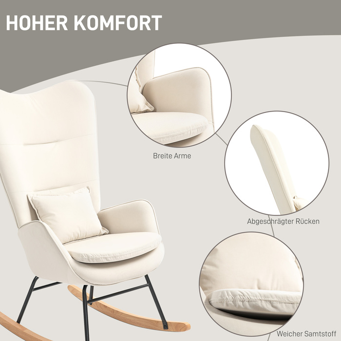 HOMCOM Rocking Chair Glider Armchair, Still Chair with Velvet Look, Rocking Chair with a 120 kg Load Capacity for Bedrooms, Living Rooms, Cream White | Aosom