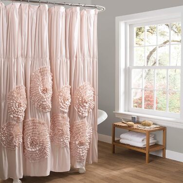 Шторка для душу Lush Decor Serena з рюшами, 183 x 183 см – красивий квітковий дизайн з рюшами, розкішна шторка, вінтажний гламур, стиль кантрі (рожевий, пудровий рожевий)