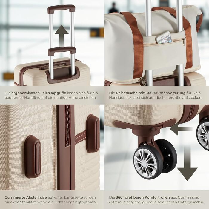 Набір валіз Tectake® 13 предметів: валіза, сумка, ролери, 3 великі валізи з TSA замком (кремовий)