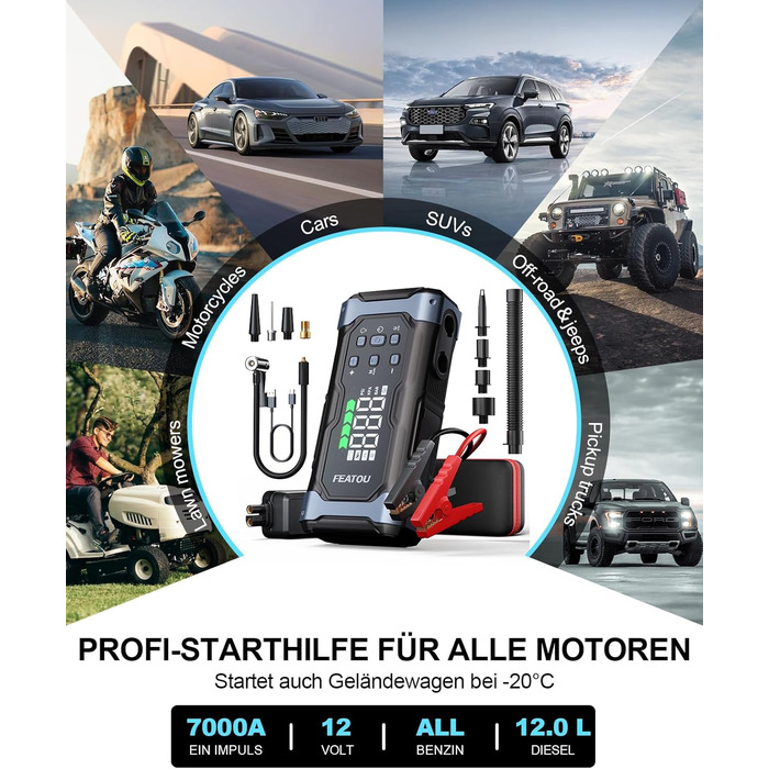 Powerbank для автомобіля Starthilfe 7000A з компресором 150PSI, 12V, до 10L дизеля, QC3.0, LCD, ліхтарик