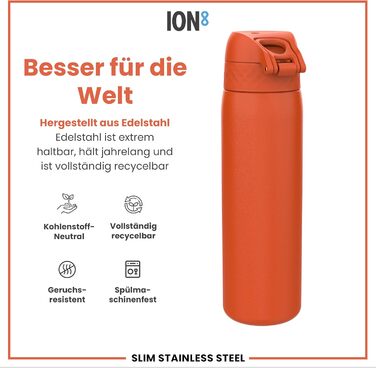 Ion8 Stainless Steel Water Bottle, 600 ml, Leak-Proof, One-Handed Opening, Secure Locking Mechanism, Dishwasher Safe, Flip-Top Lid, Carrying Handle, Easy to Clean, Durable & Scratch-Resistant (Stainless Steel, Orange)