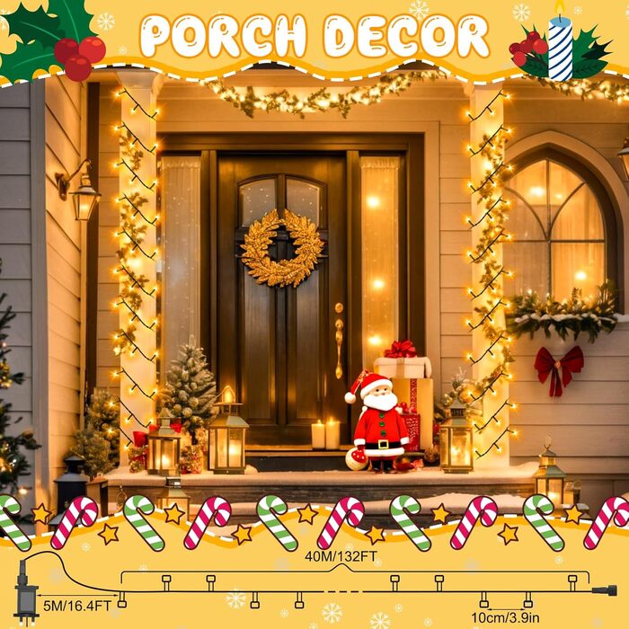 Льо́хкова гірлянда на Різдво, 200 LED, з таймером, 8 режимів, вологостійка, 40м, тепле біле світло для прикраси ялинки, саду, дому