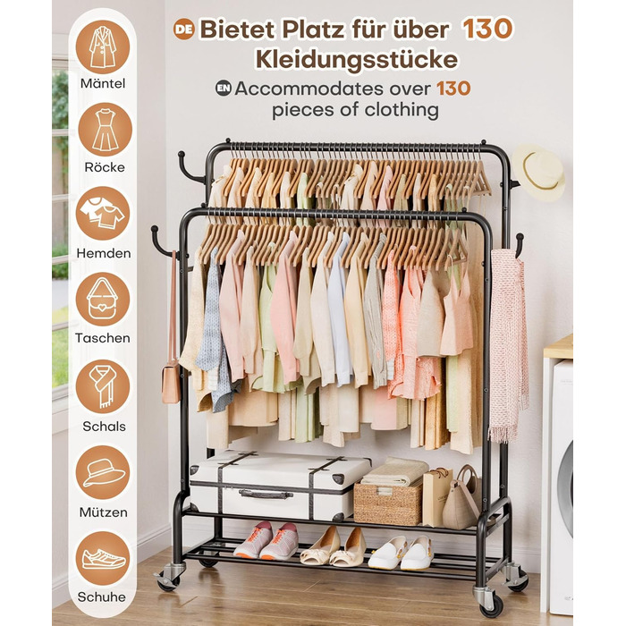 Стійка для одягу Yorbay на колесах: металева, 2 перекладини, 4 гачки, 2 полиці для зберігання, до 120 кг, 112 см (ширина)