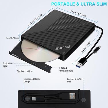 Зовнішній CD/DVD привід USB 3.0 Type-C з картридером SD/TF, портативний RW-записувач для ноутбука, ПК, MacBook (Windows, macOS, Linux) — Чорний