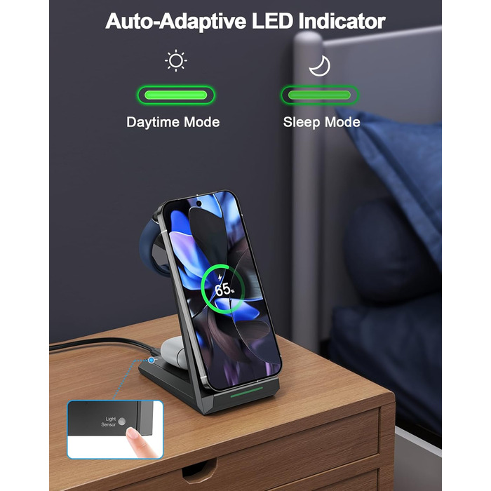 Бездротова зарядка NANAMI 3-в-1 для Google Pixel Watch 3/2, Fitbit Versa 4/3, Pixel 10 Pro/10/9/9a/8/7, Pixel Buds Pro 2 (Чорний)