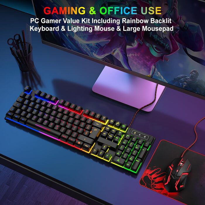 Ігровий набір клавіатури та миші QWERTZ DE, RGB підсвітка, ергономічна миша, великий килимок, USB для PC, PS4, Xbox