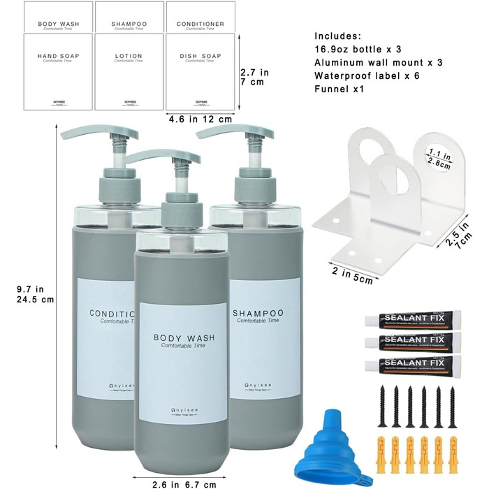 Набір дозаторів для душу GOYISEE, 3 шт. сірого кольору для мила та шампуню, аксесуари для ванної кімнати