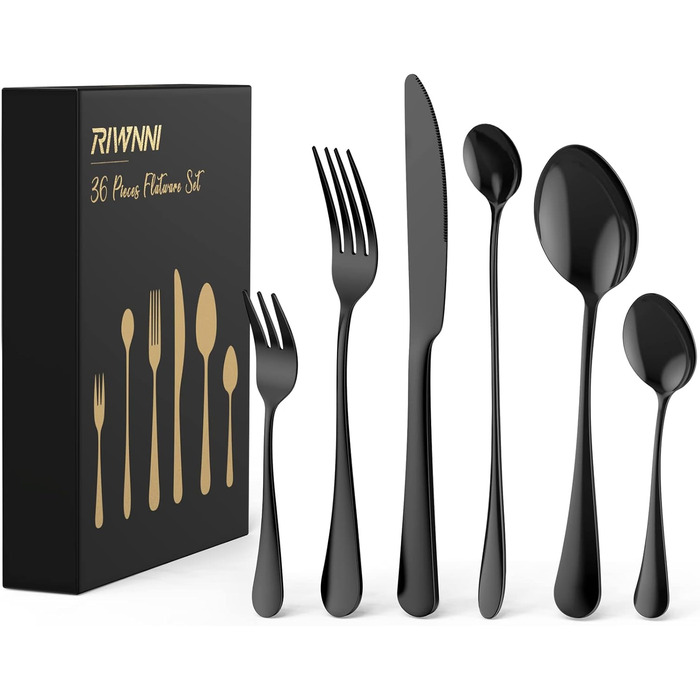 Набір столових приборів 36 шт. для 6 осіб - нержавіюча сталь, чорне матове покриття, ніж, виделка, ложка - придатний для миття в посудомийній машині