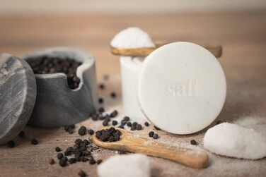 Birsppy Fair Trade Kitchen Utensils Salt and Pepper Shaker Set Marble with Spoon and Lid Salt Pot Stone