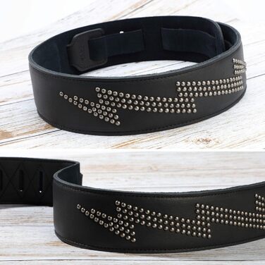 Гітарний ремінь Nefelibata з повномісної шкіри, з підкладкою з піни, з металевими заклепками, для електро-, акустичної та бас-гітари (2,5 см, чорний карбон) (Blitzschlag)