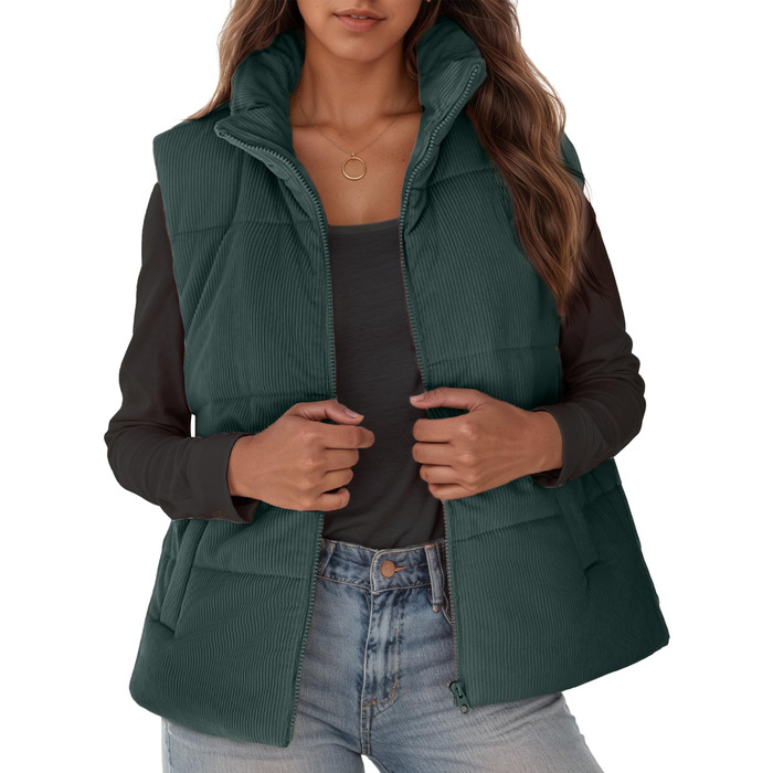 Жіноча тепла зимова жилетка FEOYA з коміром-стійкою, короткий фасон, степкова жилетка з пухозаповнювачем, без рукавів, для переходу між сезонами, тепла, зелена (M)