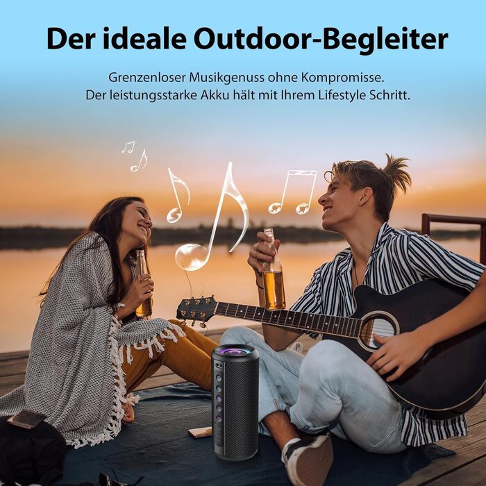 Bluetooth колонка 2026 з RGB підсвіткою, портативна, водонепроникна IPX7, з мікрофоном, для дому, саду та подорожей, чорна