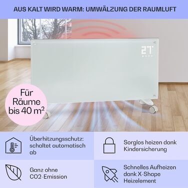 Klarstein Electric Heater, Convector Heater with Floor Wheels, Mobile Electric Heater Energy-Saving, Slim, Quiet Electric Heater, Standalone Electric Radiator with Thermostat, 2000 W White Bornholm