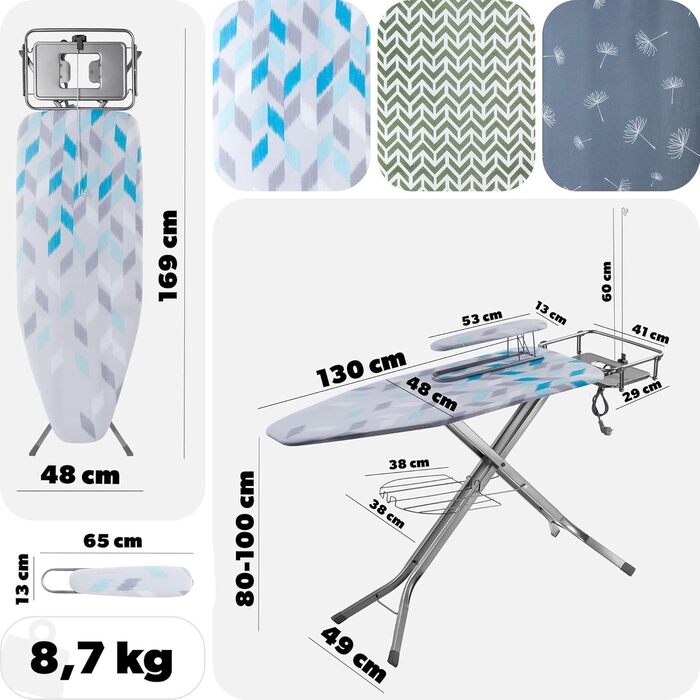 Прасувальна дошка KADAX з підставкою для рукавів 130x41 см, поверхня для прасування 53x13 см, з відсіком для праски та розеткою, складана прасувальна станція з парогенератором, Made in EU (Блакитна)