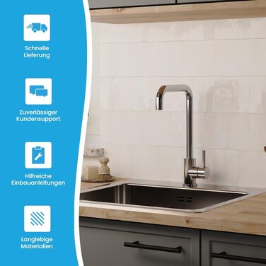 Кухонний змішувач Bächlein Plivo з нержавіючої сталі, поворотний вилив, масивний дизайн, кухонний кран, кут 90 градусів, хром