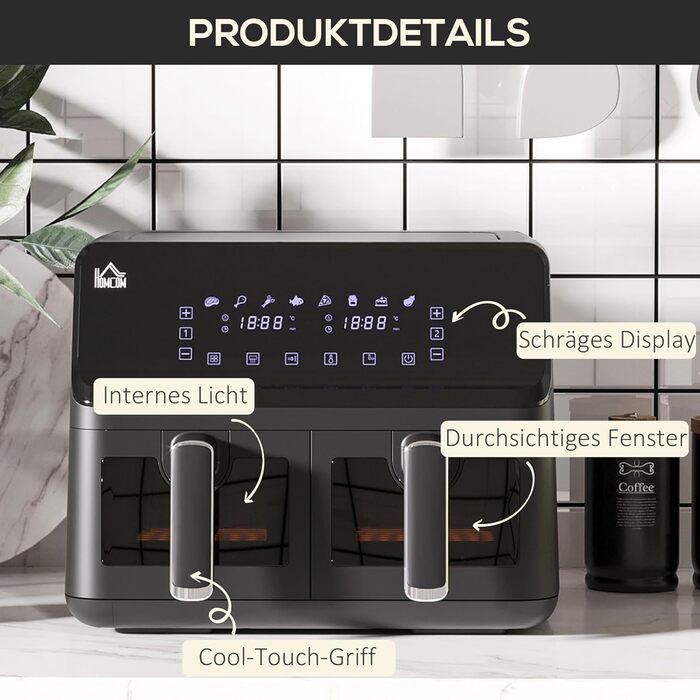 Фритюрниця HOMCOM з двома зонами, 8 л, 2500 Вт, 8 програм, антипригарне покриття, чорна