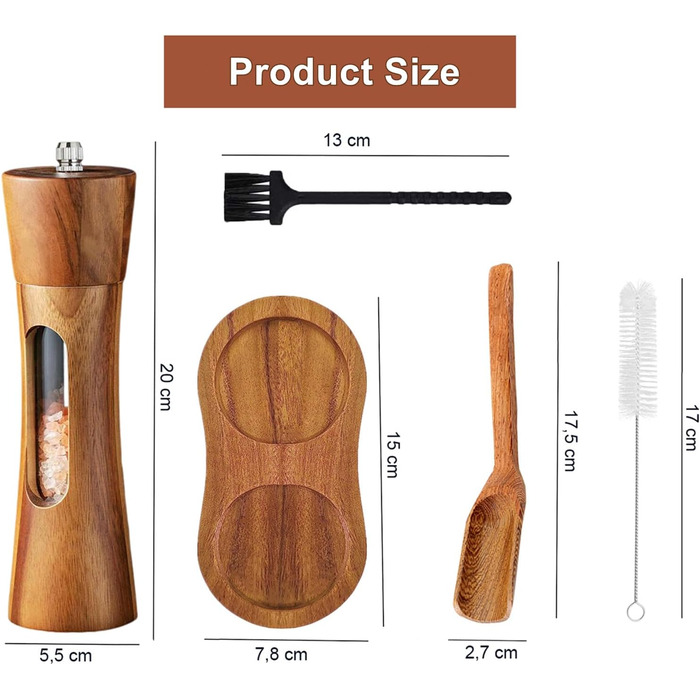 Auciej Salt and Pepper Grinder Wooden Set, Manual Pepper Grinder, Ceramic Grinding Mechanism, Spice Grinder, Salt Grinder with Coaster, Adjustable for Spices, Pepper, Salt, 2-Piece Set, 20 cm