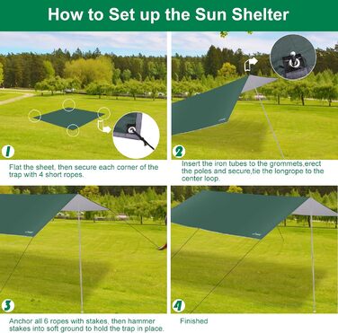 Тент для кемпінгу WADEO, 4x3 м, водовідштовхувальний, з кілочками та мотузками, ультралегкий, для відпочинку на природі, хакі (зелений)