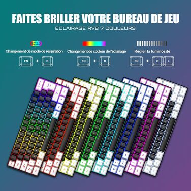RedThunder K62 Бездротова ігрова клавіатура та миша, RGB, AZERTY, 62 клавіші, міні, для PC/PS5 (Чорний/Білий)