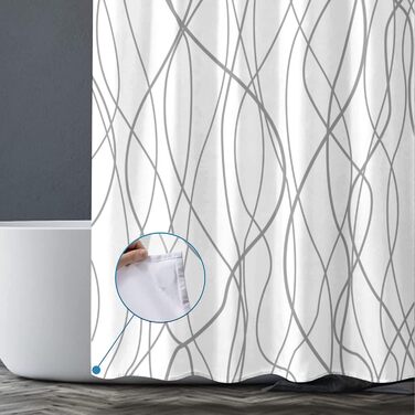 Шторка для душу M&W Design з поліестеру, з лініями, антигрибкова, водовідштовхувальна, біла, 180x200 см, з 12 C-кільцями, з обтяженим краєм