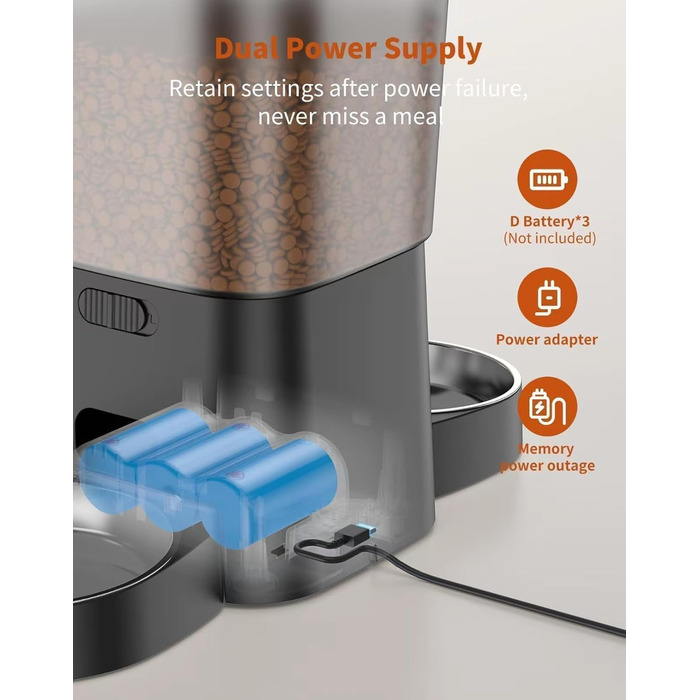 Автоматичний годівник для котів та собак HoneyGuardian з Wi-Fi, 2 миски, керування через додаток, 5G/2.4G, чорний, 3.5 л