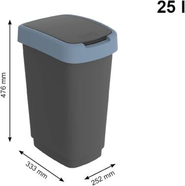 Відро для сміття Rotho Twist 25л з кришкою, пластик (PP), BPA-free, чорний/срібний, 25л (33.3 x 25.2 x 47.6 см)