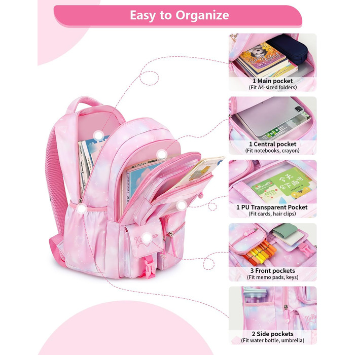 Шкільний рюкзак Tanou для дівчаток 1-4 клас, рожевий, з водонепроникного нейлону, дихаючий