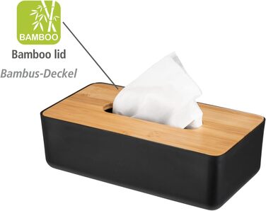 WENKO Косметична коробочка Rotello, для серветок/косметичних тканин, бамбуковий кришка, 24 x 7,5 x 12,7 см, чорний/натуральний чорний