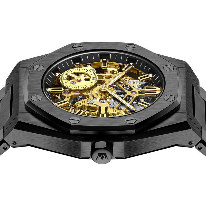 Чоловічий механічний годинник OLEVS Gold Skeleton: автоматичний підзавод, сталь, водонепроникний, з діамантами та підсвіткою (6669 Schwarz)