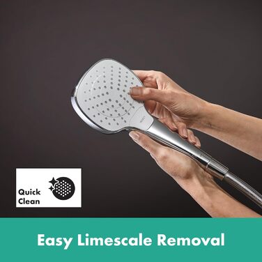 hansgrohe Croma Select E - water-saving showerhead 9 l/min (EcoSmart), hand shower with 3 spray patterns, square shower head (110 x 110 mm), showerhead with water-saving function and anti-limescale feature, White/Chrome