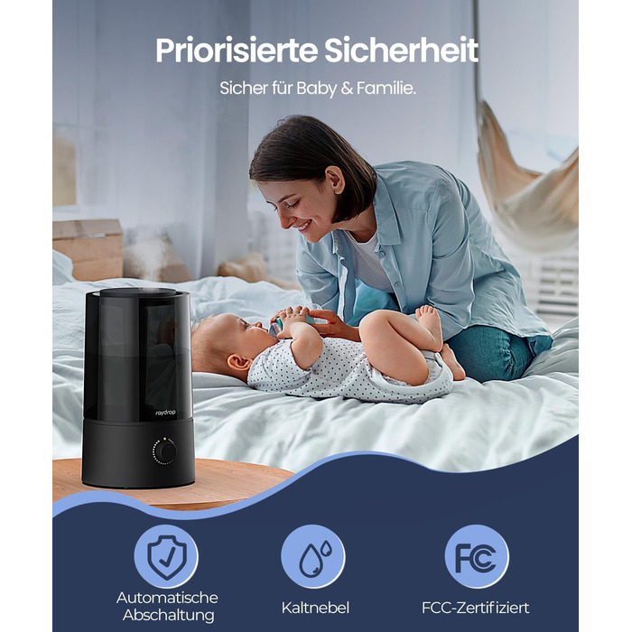 Зволожувач повітря Raydrop для спальні та дитячої кімнати, 1,7 л. Тихий, компактний ультразвуковий зволожувач для дитячої та рослин, просте керування та легке очищення, автоматичне вимкнення, 1,7 л, білий (4,0 л, чорний)