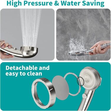 MIAOHUI Modern Handheld Showerhead with On/Off Switch, High-Pressure Showerhead with Handheld, 3 Spray Settings, Detachable Showerhead with Hose, Adjustable Shower Holder (Brushed Nickel)