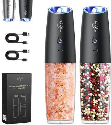 Електричний набір для солі та перцю Sangcon Gravity, 255г, USB-зарядка, LED-підсвітка, регулювання помелу, автоматичний млин (чорний)