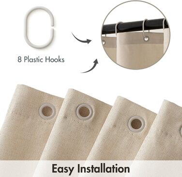Шторка для душу MIULEE з льону, 120x200 см, світло-бежева, важка, поліестер, водонепроникна, з антигрибковим покриттям, для ванної кімнати, з 8 кільцями