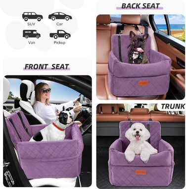 Автокрісло для собак маленьких та середніх порід, з кишенями для зберігання, поводок, посилене автоліжко для собак, підходить для заднього та переднього сидіння (Лілове)