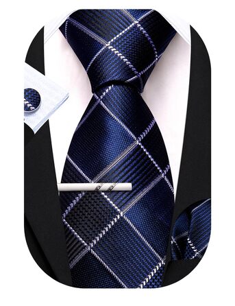 Чоловіча краватка Barry.Wang з кишеньковим хустинкою та запонками, набір в клітинку, блакитна для весілля та урочистих заходів