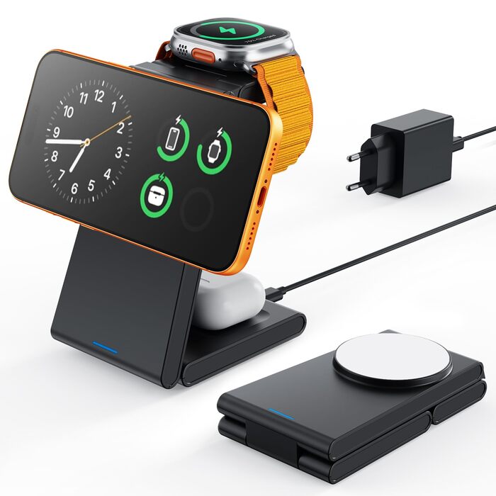 Зарядна станція 3-в-1 GEEKERA MagSafe для Apple Watch та iPhone (12/13/14/15/16/17/Air) - складна, індуктивна, чорно-біла