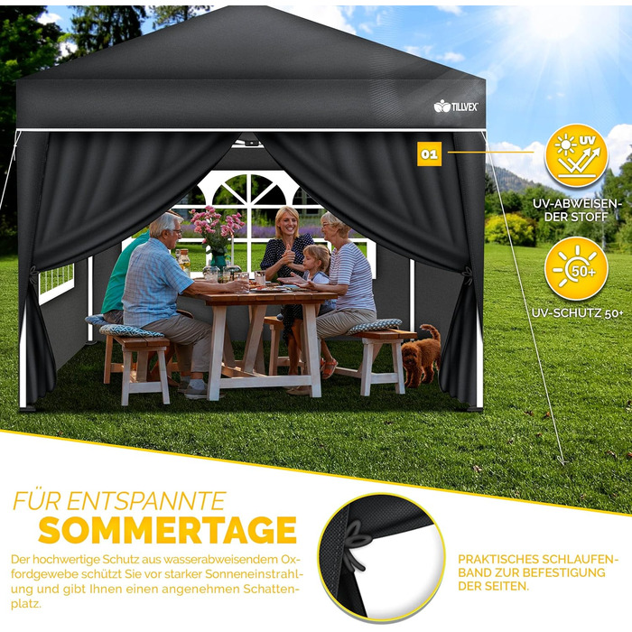 tillvex® 4-Sided Wall for Gazebo 3x3m | Foldable Gazebo Side Walls Water-Repellent | Side Windows & Zipper | Side Walls for Garden Tent Party Tent