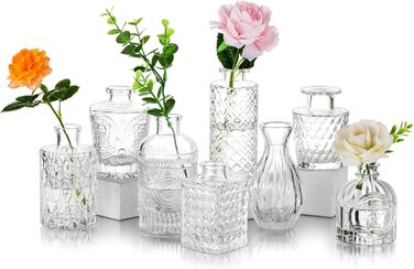 Набір міні-вази Glasseam із скла, вінтажний декор для столу, 8 шт. – сучасні кришталеві вази для квітів, вузькі декоративні вази для весілля, троянд, пампасної трави, ванної кімнати