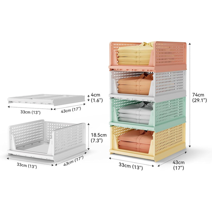 4-Piece Closet Organizer Stackable Plastic Closet Organizer Storage Box, Easy-Pull Drawer Dividers for Clothing Closet Pantry Laundry (4-Piece Mix-color)
