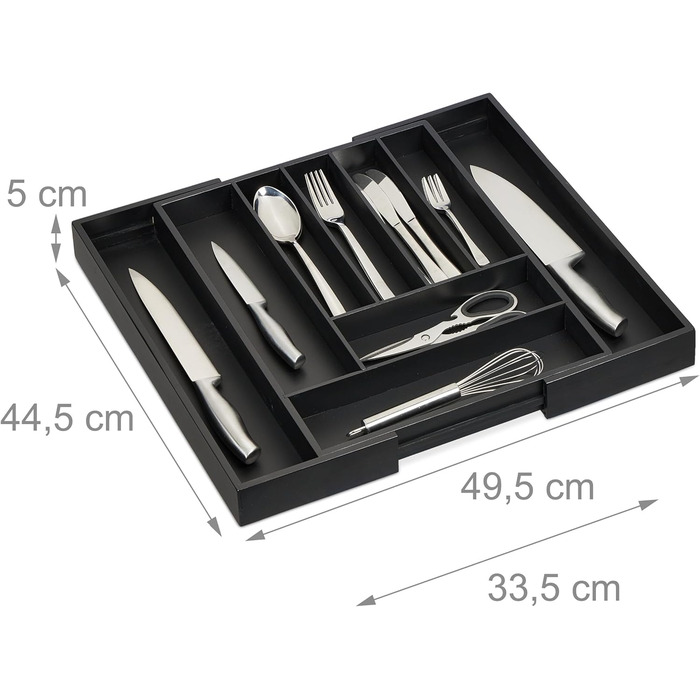 Relaxdays Cutlery Box Extendable, Bamboo, HBT: 5 x 33.5-49.5 x 44.5 cm, 7-9 Compartments, Cutlery Insert Drawer, Black