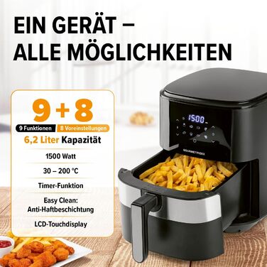 Фритюрниця повітряна GOURMETmaxx XL 6.2 л з цифровим дисплеєм та таймером | 8 програм, 1500 Вт | Без запаху, низький вміст жиру, економія енергії